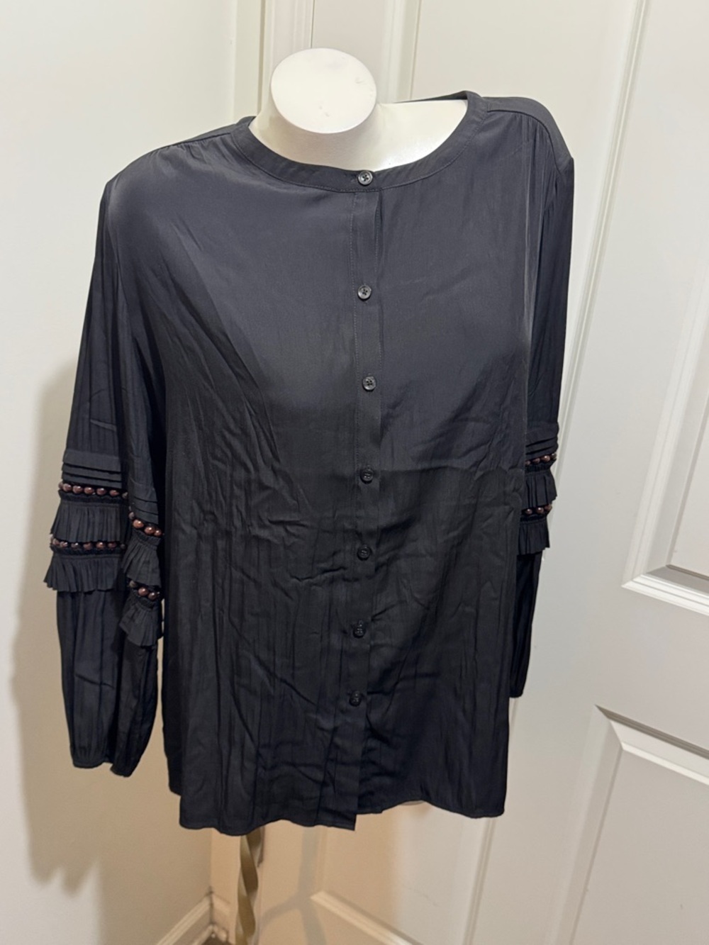 Chico's Black Button-Front Blouse with Tiered Boho Bead-Trim Sleeves